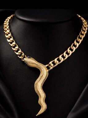 BIG SNAKE Statement Black Crystal Eyes Chain Curb Link Drop Necklace gold HSN